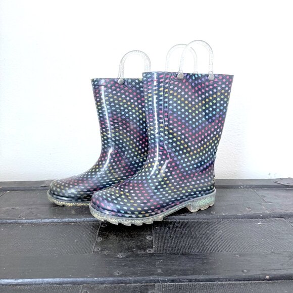 Western Chief Girls Sz 12 Rainbow Dot Light Up Rain Boots Waterproof Fun! - Picture 2 of 6